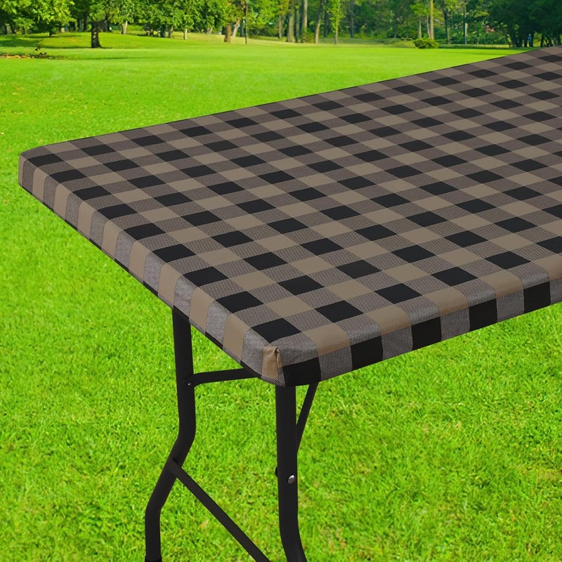 smiry Rectangle Picnic Table Cloth, Elastic Waterproof Fitted Vinyl Tablecloths, Flannel Backed Buffalo Plaid Table Covers for Dining, Camping, Outdoor (Black and Khaki, 30" x 72") - Image 1