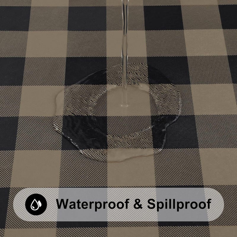 smiry Rectangle Picnic Table Cloth, Elastic Waterproof Fitted Vinyl Tablecloths, Flannel Backed Buffalo Plaid Table Covers for Dining, Camping, Outdoor (Black and Khaki, 30" x 72") - Image 3