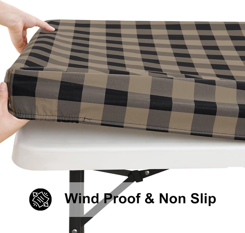 smiry Rectangle Picnic Table Cloth, Elastic Waterproof Fitted Vinyl Tablecloths, Flannel Backed Buffalo Plaid Table Covers for Dining, Camping, Outdoor (Black and Khaki, 30" x 72") - Image 2