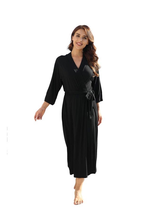 Witbuy Women's Knit Nightgown Robes Long Kimono Soft Bathrobe Lightweight Loungewear Rayon Sleepwear Pajamas with Pockets, Black, XL - Image 1
