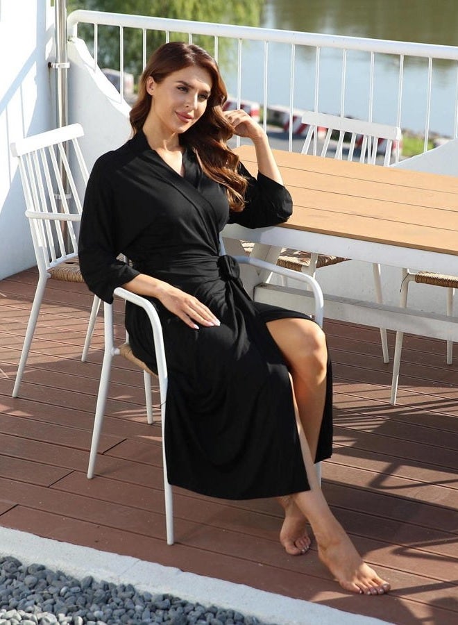 Witbuy Women's Knit Nightgown Robes Long Kimono Soft Bathrobe Lightweight Loungewear Rayon Sleepwear Pajamas with Pockets, Black, XL - Image 5