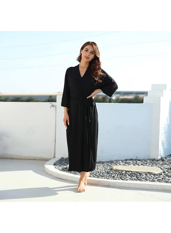 Witbuy Women's Knit Nightgown Robes Long Kimono Soft Bathrobe Lightweight Loungewear Rayon Sleepwear Pajamas with Pockets, Black, XL - Image 4