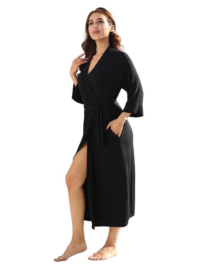 Witbuy Women's Knit Nightgown Robes Long Kimono Soft Bathrobe Lightweight Loungewear Rayon Sleepwear Pajamas with Pockets, Black, XL - Image 2