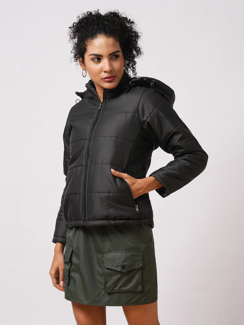 globus Women Hooded Solid Casual Puffer Reversible Jacket