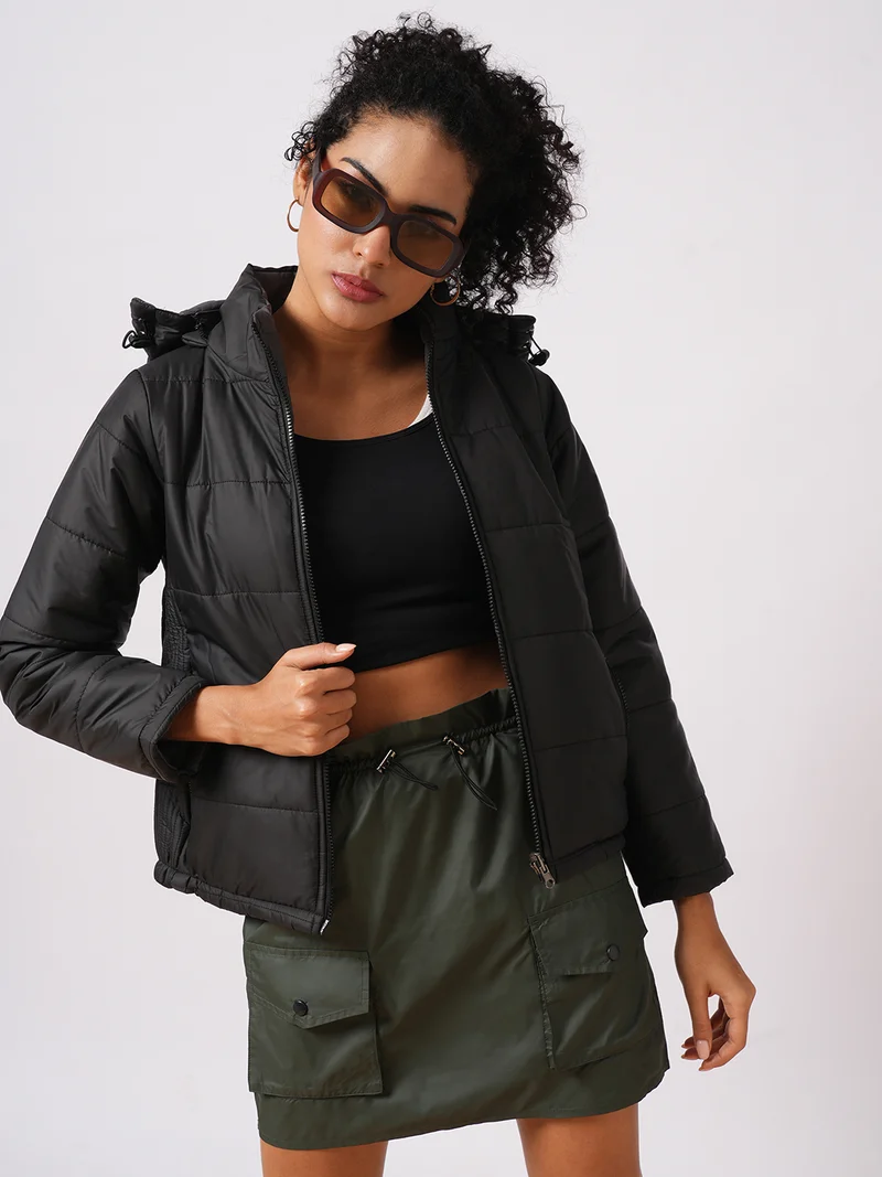 globus Women Hooded Solid Casual Puffer Reversible Jacket