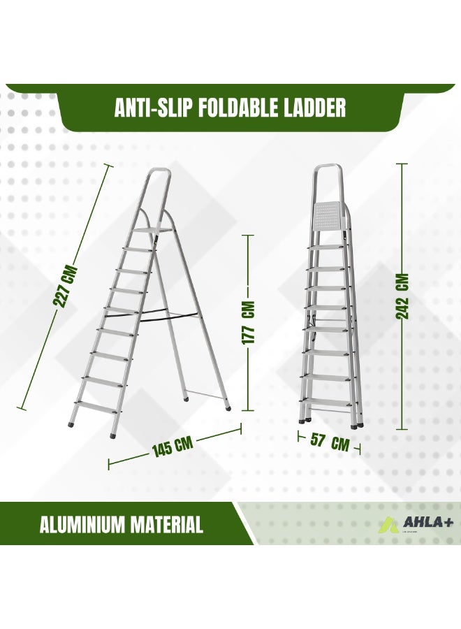 Egardenkart Aluminium Step Ladder for Home - 9 Steps | Anti-Slip Foldable Ladder for Home, Kitchen, Garden, Office | Lightweight, Portable Folding Ladder with Grip (Silver) - Image 3