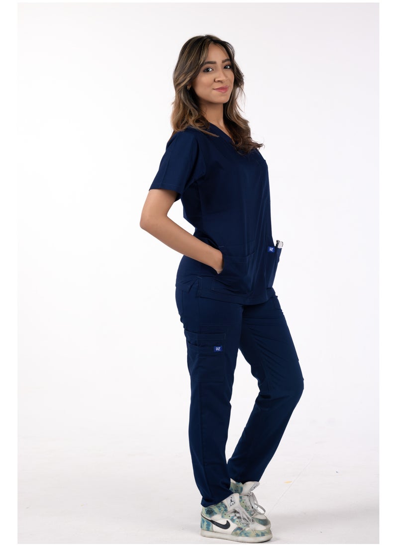 RZ - Women's Navy Blue Medical Scrub, made from a high quality Lycra and Polyester blend. It is extremely soft and comfortable, making it ideal for medical environments. It consists of two pieces and provides excellent flexibility for movement throughout the day. - Image 1