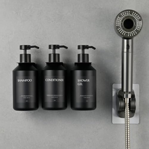 JANXIN Shampoo and Conditioner Dispenser Set of 3 for Wall Mount,16.9 fl oz Drill Free Shower Soap Bottles with Labels,Refillable Body Wash Dispensers for Bathroom Decor (Black Bottles +Black Pumps) - Image 5