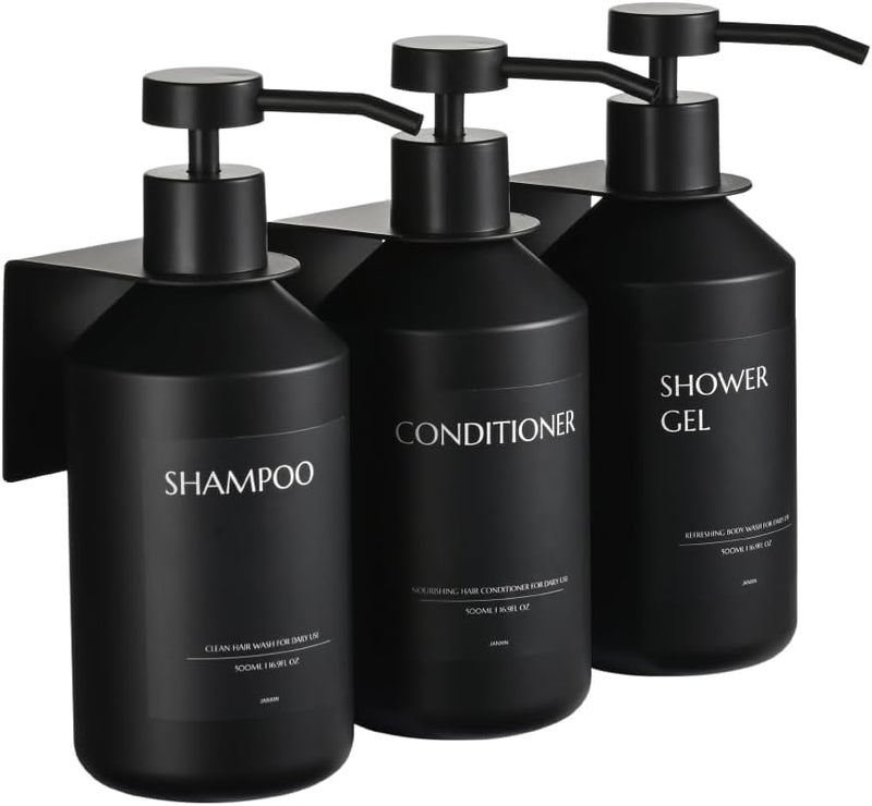 JANXIN Shampoo and Conditioner Dispenser Set of 3 for Wall Mount,16.9 fl oz Drill Free Shower Soap Bottles with Labels,Refillable Body Wash Dispensers for Bathroom Decor (Black Bottles +Black Pumps) - Image 1