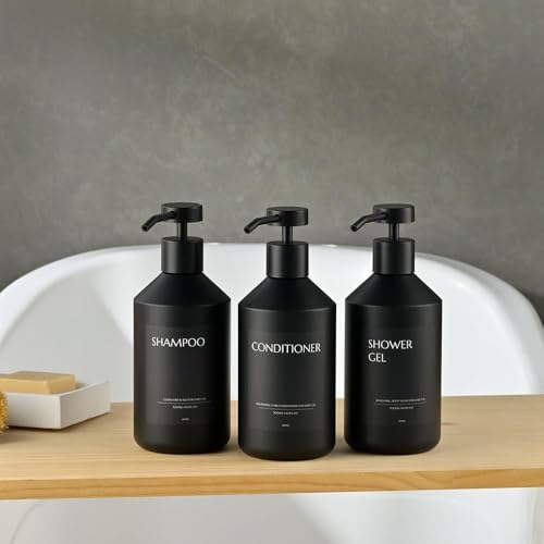 JANXIN Shampoo and Conditioner Dispenser Set of 3 for Wall Mount,16.9 fl oz Drill Free Shower Soap Bottles with Labels,Refillable Body Wash Dispensers for Bathroom Decor (Black Bottles +Black Pumps) - Image 3