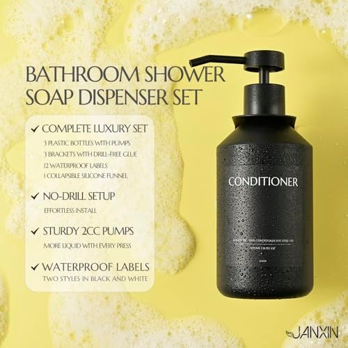 JANXIN Shampoo and Conditioner Dispenser Set of 3 for Wall Mount,16.9 fl oz Drill Free Shower Soap Bottles with Labels,Refillable Body Wash Dispensers for Bathroom Decor (Black Bottles +Black Pumps) - Image 2