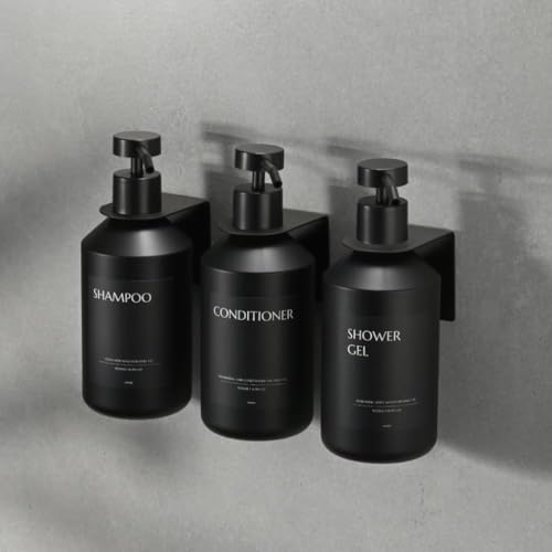 JANXIN Shampoo and Conditioner Dispenser Set of 3 for Wall Mount,16.9 fl oz Drill Free Shower Soap Bottles with Labels,Refillable Body Wash Dispensers for Bathroom Decor (Black Bottles +Black Pumps) - Image 4