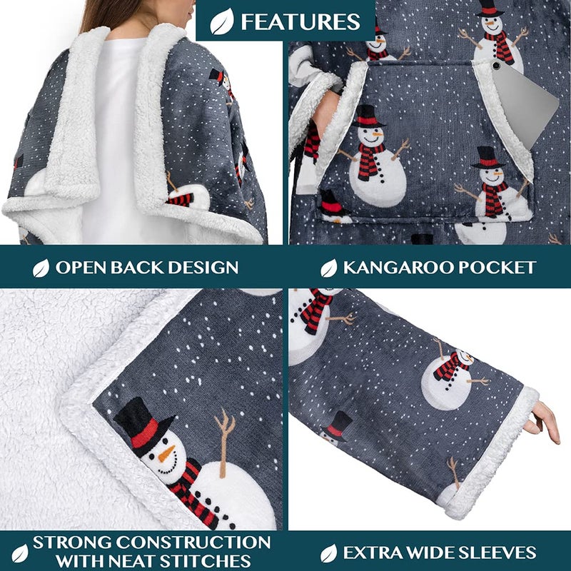 PAVILIA PAVILIA Sherpa Wearable Blanket with Sleeves for Adults Women Men  Soft Warm Full Body Wrap Fleece Throw  Pocket  Cozy Pullover Robe Blanket with Arm  Gifts for Christmas Mom Wife  Snowman  - Image 3