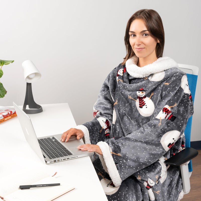 PAVILIA PAVILIA Sherpa Wearable Blanket with Sleeves for Adults Women Men  Soft Warm Full Body Wrap Fleece Throw  Pocket  Cozy Pullover Robe Blanket with Arm  Gifts for Christmas Mom Wife  Snowman  - Image 4