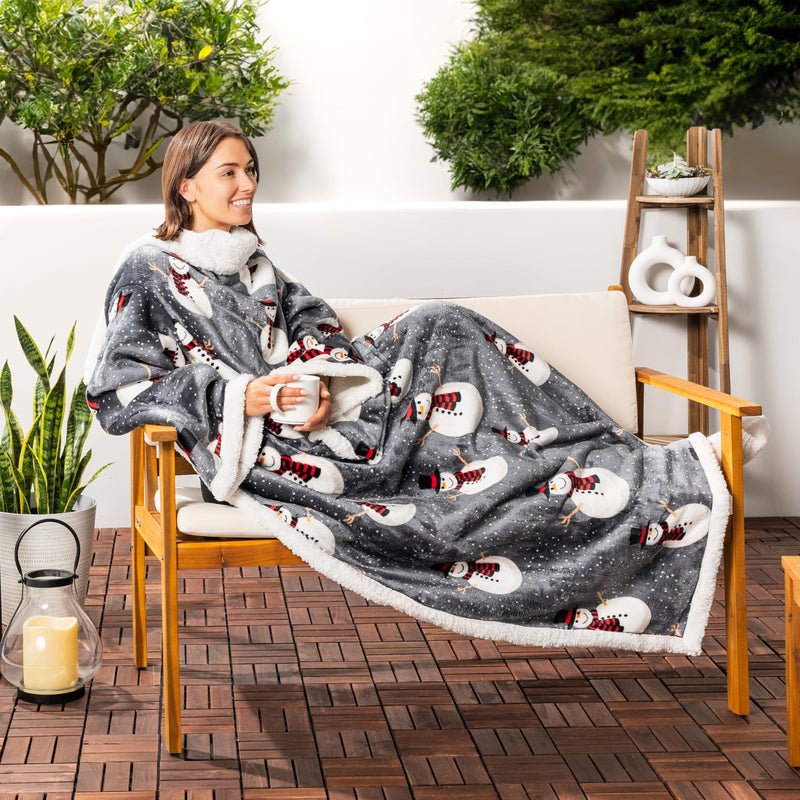 PAVILIA PAVILIA Sherpa Wearable Blanket with Sleeves for Adults Women Men  Soft Warm Full Body Wrap Fleece Throw  Pocket  Cozy Pullover Robe Blanket with Arm  Gifts for Christmas Mom Wife  Snowman  - Image 5