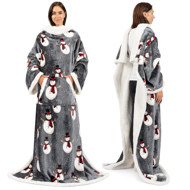 PAVILIA PAVILIA Sherpa Wearable Blanket with Sleeves for Adults Women Men  Soft Warm Full Body Wrap Fleece Throw  Pocket  Cozy Pullover Robe Blanket with Arm  Gifts for Christmas Mom Wife  Snowman  - Image 1