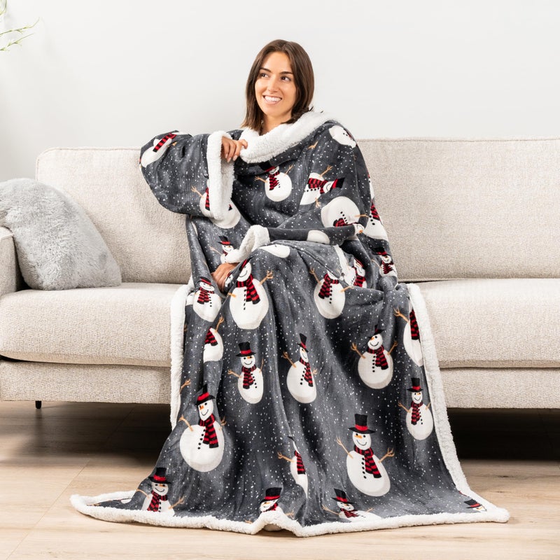 PAVILIA PAVILIA Sherpa Wearable Blanket with Sleeves for Adults Women Men  Soft Warm Full Body Wrap Fleece Throw  Pocket  Cozy Pullover Robe Blanket with Arm  Gifts for Christmas Mom Wife  Snowman  - Image 2