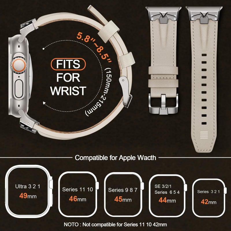 DABAOZA Leather Band Compatible for Apple Watch Ultra 3 Band 49mm 46mm 45mm 44mm for Men Women, Premium Leather Rugged Matel Strap for iWatch Ultra 2 SE Series 11 10 9 8 7 6 5 4ï¼ˆTitanium/Off-Whiteï¼‰ - Image 2