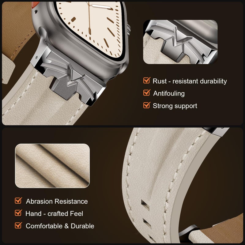 DABAOZA Leather Band Compatible for Apple Watch Ultra 3 Band 49mm 46mm 45mm 44mm for Men Women, Premium Leather Rugged Matel Strap for iWatch Ultra 2 SE Series 11 10 9 8 7 6 5 4ï¼ˆTitanium/Off-Whiteï¼‰ - Image 3