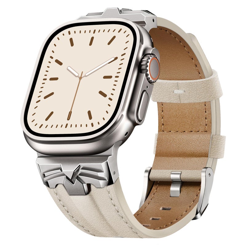 DABAOZA Leather Band Compatible for Apple Watch Ultra 3 Band 49mm 46mm 45mm 44mm for Men Women, Premium Leather Rugged Matel Strap for iWatch Ultra 2 SE Series 11 10 9 8 7 6 5 4ï¼ˆTitanium/Off-Whiteï¼‰ - Image 1