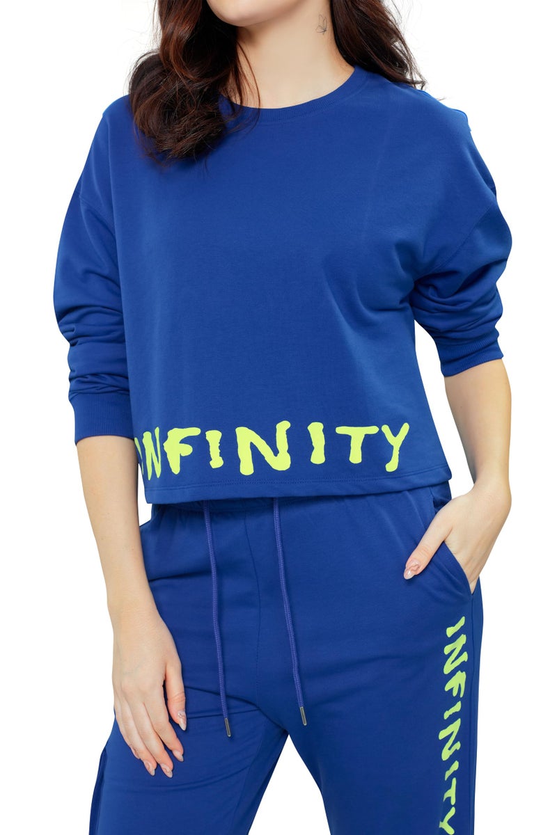 ZEYO Women Cotton Blue Track suit Typography Printed Crop Top Co-ords set 5705 - Image 2