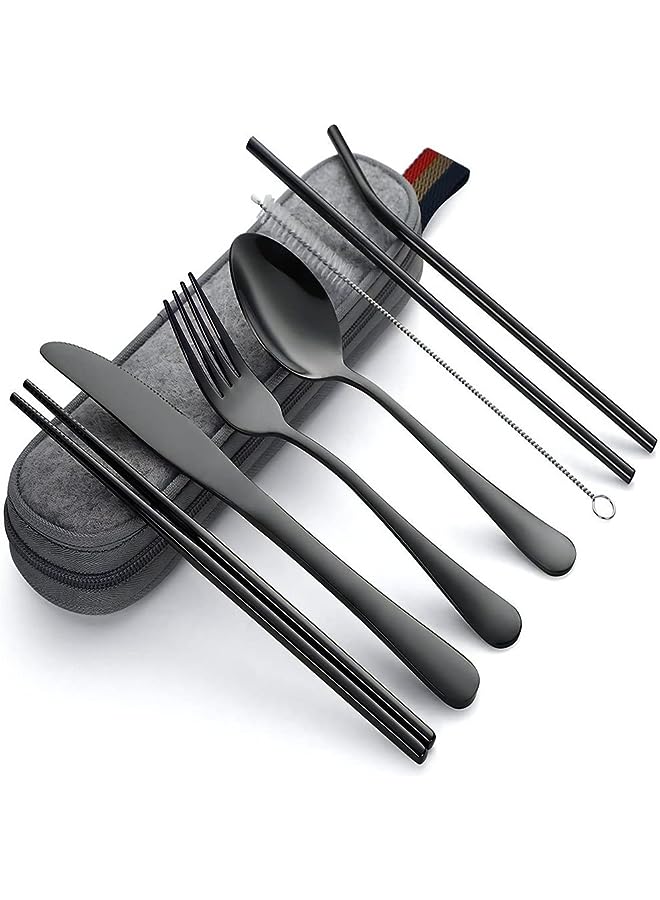 McMola Portable Utensils, Travel Camping Cutlery Set, 8-Piece including Knife Fork Spoon Chopsticks Cleaning Brush Straws Portable Case, Stainless Steel Flatware set (8-piece color random) - Image 1