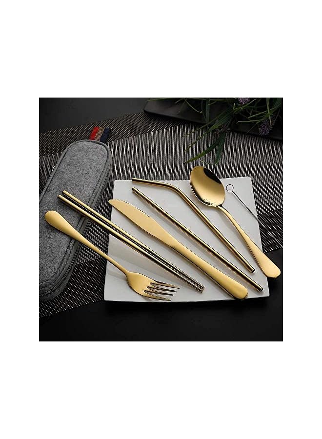 McMola Portable Utensils, Travel Camping Cutlery Set, 8-Piece including Knife Fork Spoon Chopsticks Cleaning Brush Straws Portable Case, Stainless Steel Flatware set (8-piece color random) - Image 4