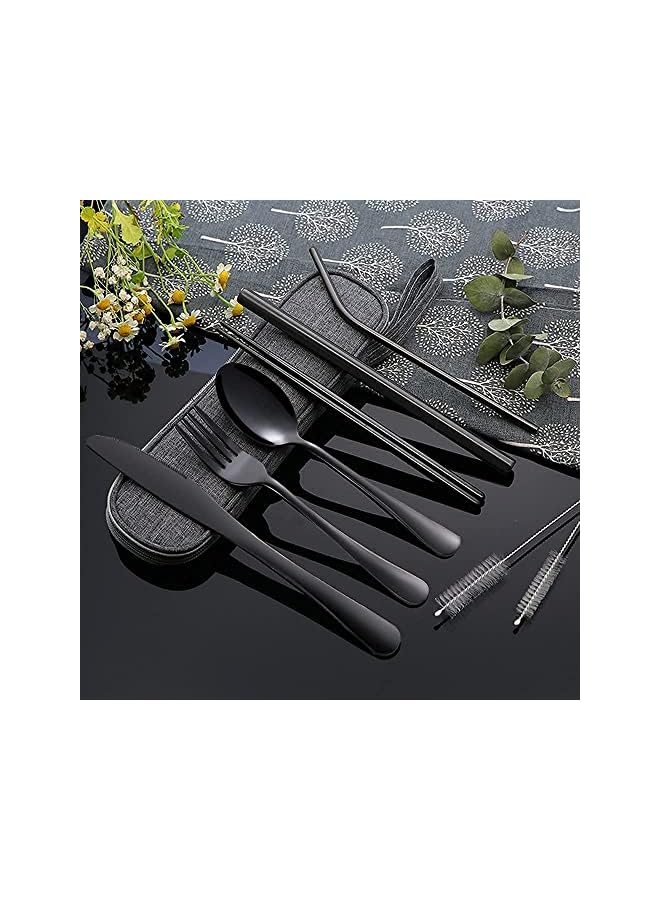 McMola Portable Utensils, Travel Camping Cutlery Set, 8-Piece including Knife Fork Spoon Chopsticks Cleaning Brush Straws Portable Case, Stainless Steel Flatware set (8-piece color random) - Image 3