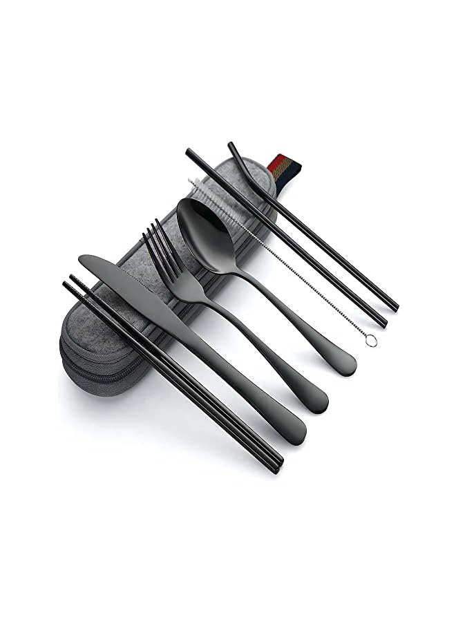 McMola Portable Utensils, Travel Camping Cutlery Set, 8-Piece including Knife Fork Spoon Chopsticks Cleaning Brush Straws Portable Case, Stainless Steel Flatware set (8-piece color random) - Image 2