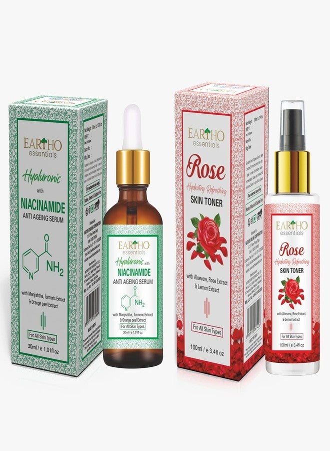 Eartho Essentials Hyaluronic with Niacinamide Anti Ageing Serum 30 ML and Rose toner 100ml - Image 1