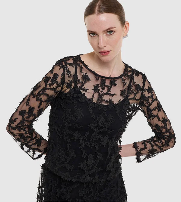 BCBG NET EMBROIDERED SEE THROUGH TOP