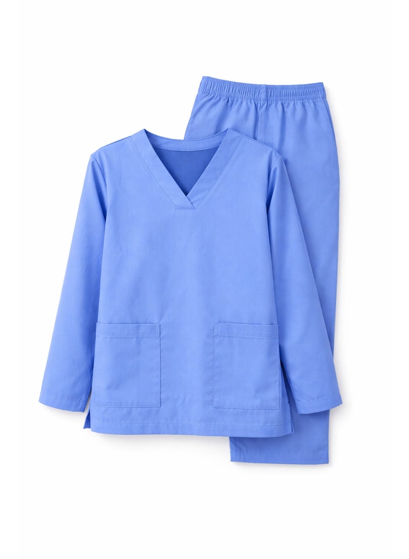 Rannah's Uniform Women’s Medical Scrub Set Blue Long Sleeve V-Neck Top & Elastic Waist Pants - Image 1