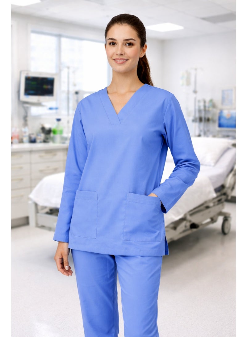 Rannah's Uniform Women’s Medical Scrub Set Blue Long Sleeve V-Neck Top & Elastic Waist Pants - Image 4
