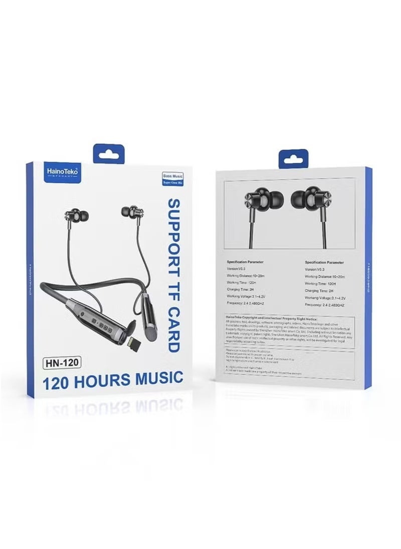 HainoTeko HN120 Bluetooth Neck Band with 120 Hours of Music, High Bass Sound Quality, Super Clear Mic, TF Card Support – Stylish Black, Perfect for Music, Calls, and Long-Lasting Use - Image 2