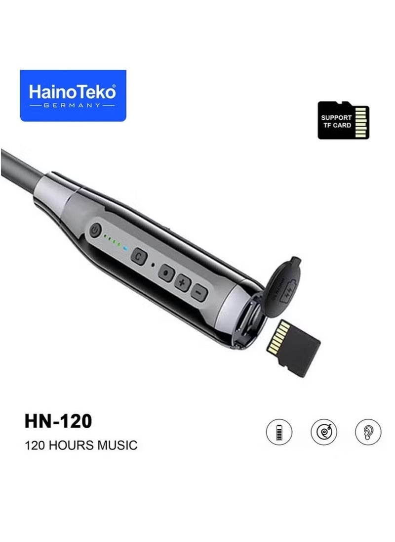 HainoTeko HN120 Bluetooth Neck Band with 120 Hours of Music, High Bass Sound Quality, Super Clear Mic, TF Card Support – Stylish Black, Perfect for Music, Calls, and Long-Lasting Use - Image 4