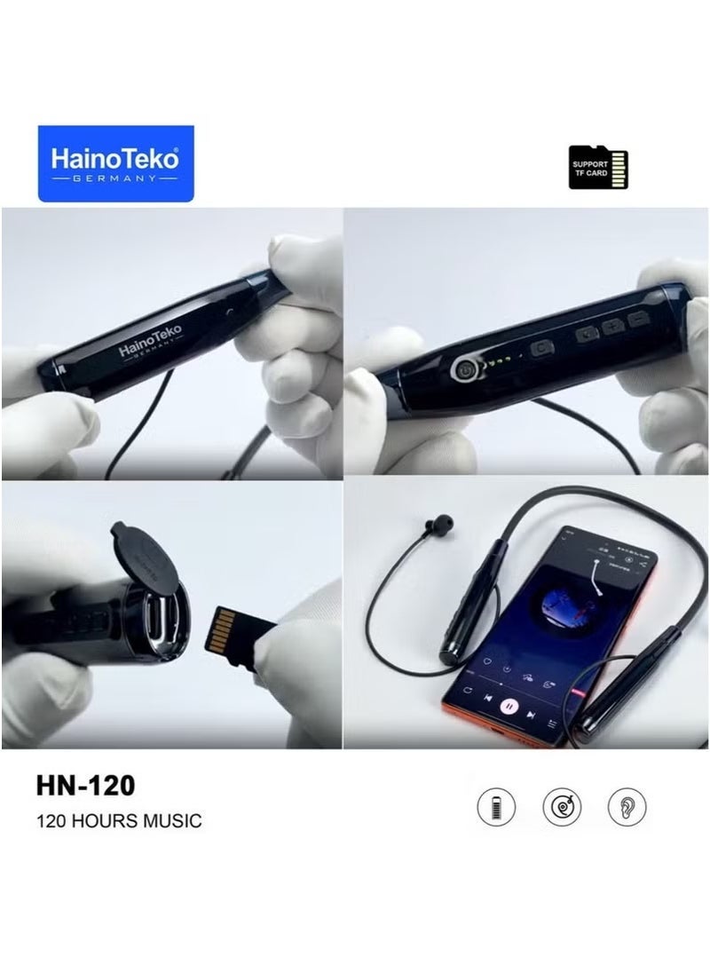 HainoTeko HN120 Bluetooth Neck Band with 120 Hours of Music, High Bass Sound Quality, Super Clear Mic, TF Card Support – Stylish Black, Perfect for Music, Calls, and Long-Lasting Use - Image 3