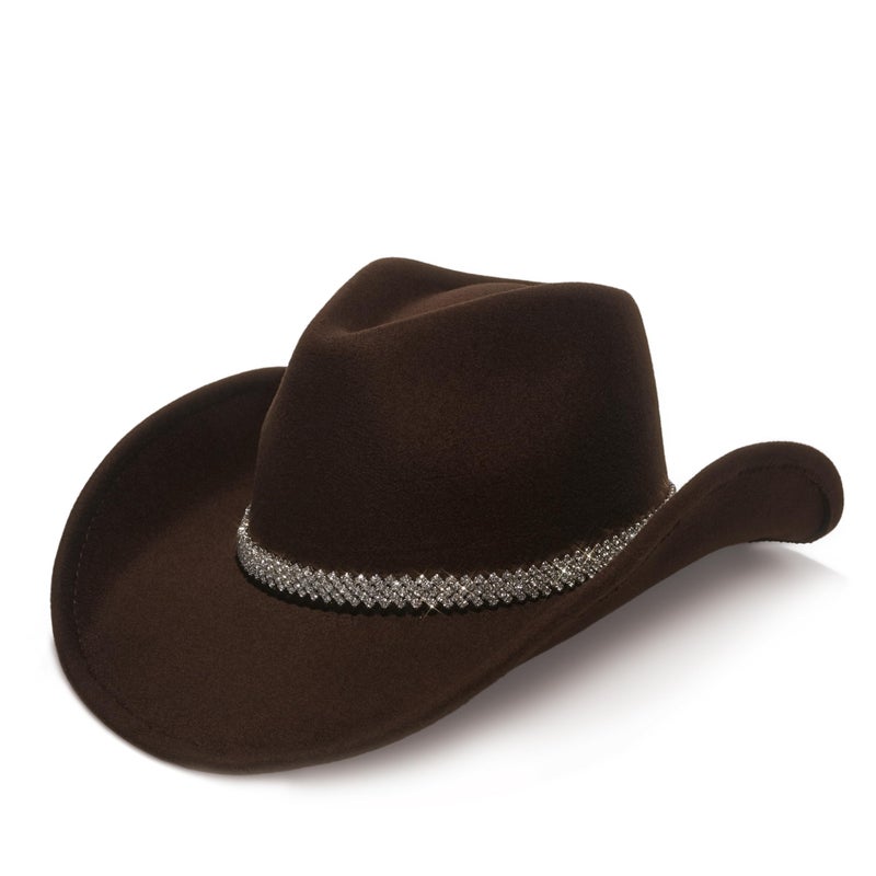 YOUBADU Faux Suede Felt Western Cowboy Hat for Women or Men, Wide Brim, Rivet Strap, Rhinestone Brown, M/One size - Image 1