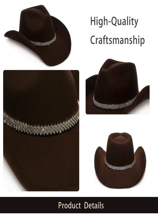 YOUBADU Faux Suede Felt Western Cowboy Hat for Women or Men, Wide Brim, Rivet Strap, Rhinestone Brown, M/One size - Image 5
