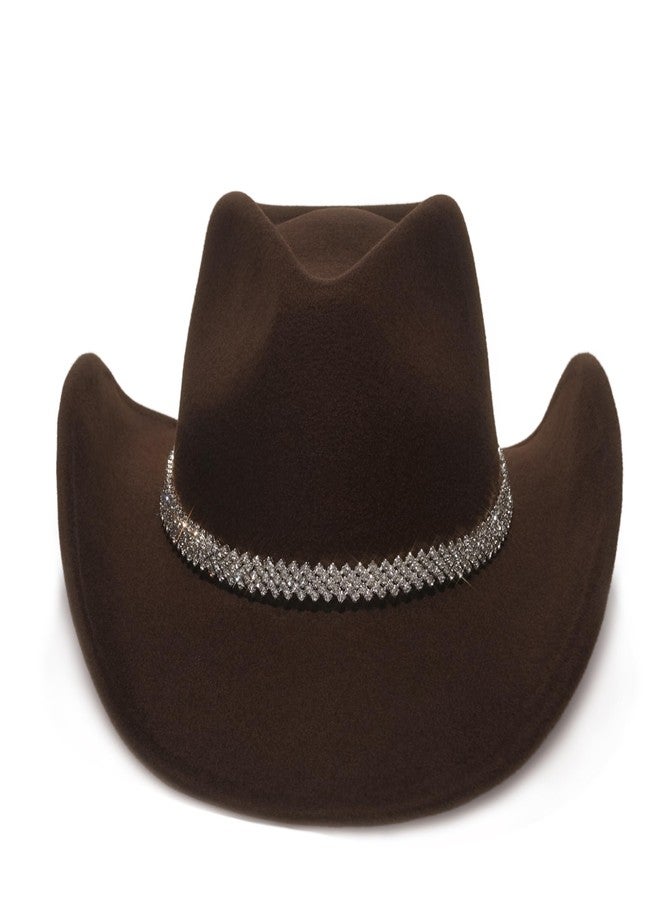 YOUBADU Faux Suede Felt Western Cowboy Hat for Women or Men, Wide Brim, Rivet Strap, Rhinestone Brown, M/One size - Image 3