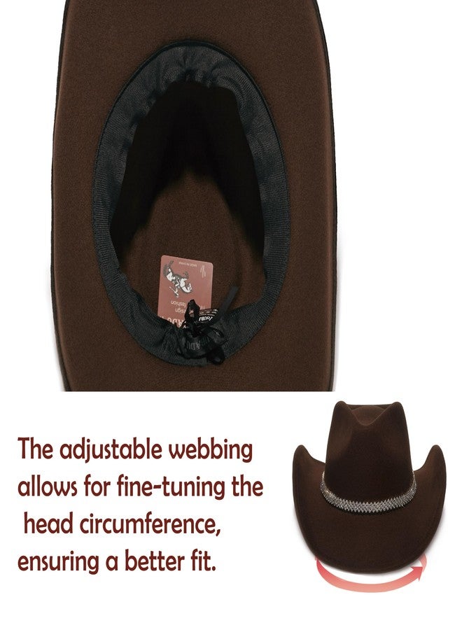 YOUBADU Faux Suede Felt Western Cowboy Hat for Women or Men, Wide Brim, Rivet Strap, Rhinestone Brown, M/One size - Image 4