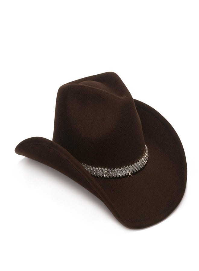 YOUBADU Faux Suede Felt Western Cowboy Hat for Women or Men, Wide Brim, Rivet Strap, Rhinestone Brown, M/One size - Image 2