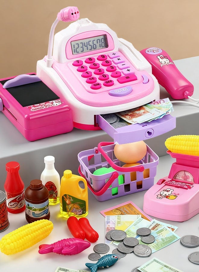 Pretend Play Supermarket Play,Educational Toy,Montessori Toys, Calculator Cash Register Toy With Light And Music,Electric Creative Play House Toys Set, Calculator, Shopping Basket, Food, Weighing Machine Ideal Gift for Kids - Image 3