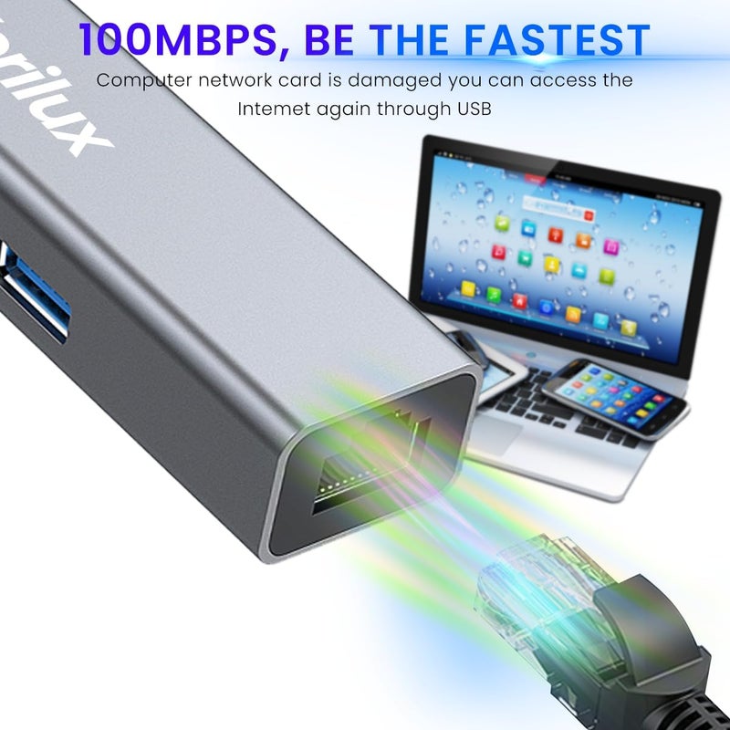 إليفانت بوت ® USB HUB 3.0 للكمبيوتر الشخصي، محور من نوع C رباعي المنافذ مع منفذ USB 3.0 واحد، ومنفذي USB 2.0، ومنفذ إيثرنت بسرعة 100 ميجابت في الثانية، محول إيثرنت من نوع C/USB لموصل LAN للكمبيوتر المحمول يدعم ويندوز، كروم بوك، ماك، لينكس - Image 3