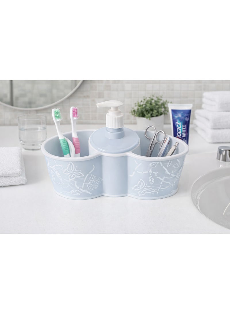 3-in-1 Plastic Bathroom & Kitchen Sink Organizer Caddy with Liquid Soap Dispenser Pump, Sponge & Toothbrush Holder, Butterfly Design - Baby Blue - Image 3