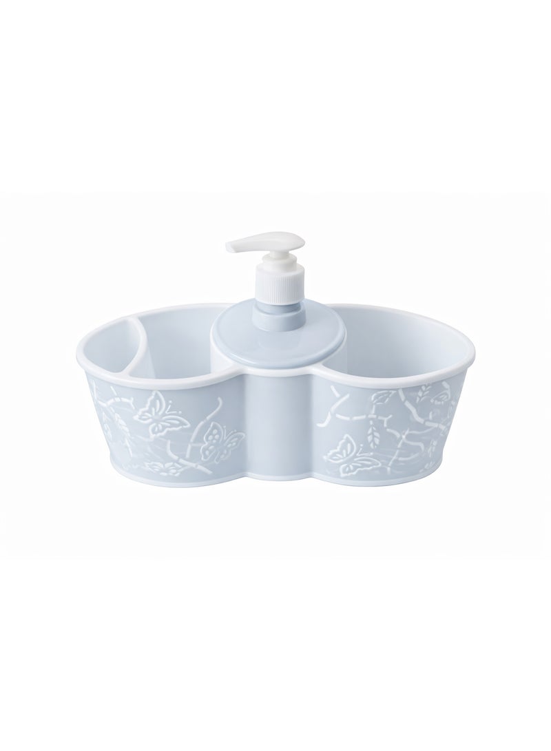 3-in-1 Plastic Bathroom & Kitchen Sink Organizer Caddy with Liquid Soap Dispenser Pump, Sponge & Toothbrush Holder, Butterfly Design - Baby Blue - Image 1
