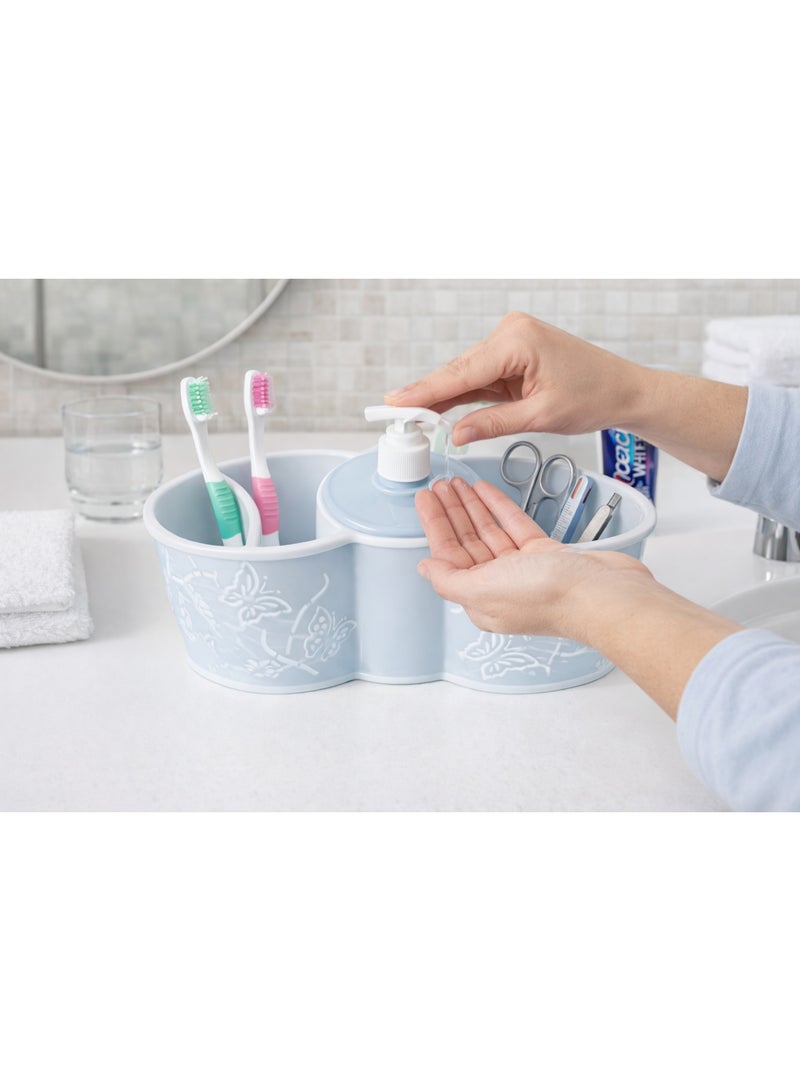 3-in-1 Plastic Bathroom & Kitchen Sink Organizer Caddy with Liquid Soap Dispenser Pump, Sponge & Toothbrush Holder, Butterfly Design - Baby Blue - Image 2
