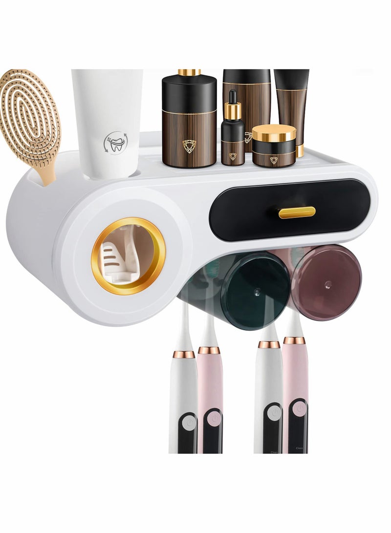 Multifunctional Wall-Mounted Toothbrush Holder with Automatic Toothpaste Dispenser, Includes 2 Cups, 4 Toothbrush Slots, and Storage Drawer for Space-Saving Convenience. - Image 1
