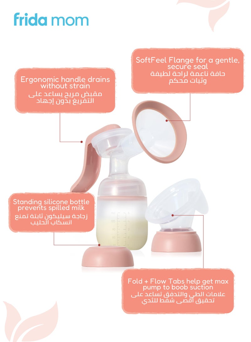 Frida Mom 2-in-1 Manual Breast Pump with Hands-Free Silicone Suction Cup | Dual-Mode Wireless Milk Collector | Ergonomic Handle | SoftFeel Flange 24mm | 150ml BPA-Free Breastfeeding Pump - Image 4