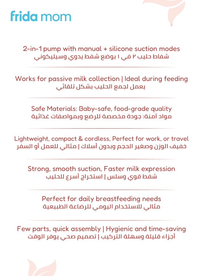 Frida Mom 2-in-1 Manual Breast Pump with Hands-Free Silicone Suction Cup | Dual-Mode Wireless Milk Collector | Ergonomic Handle | SoftFeel Flange 24mm | 150ml BPA-Free Breastfeeding Pump - Image 3