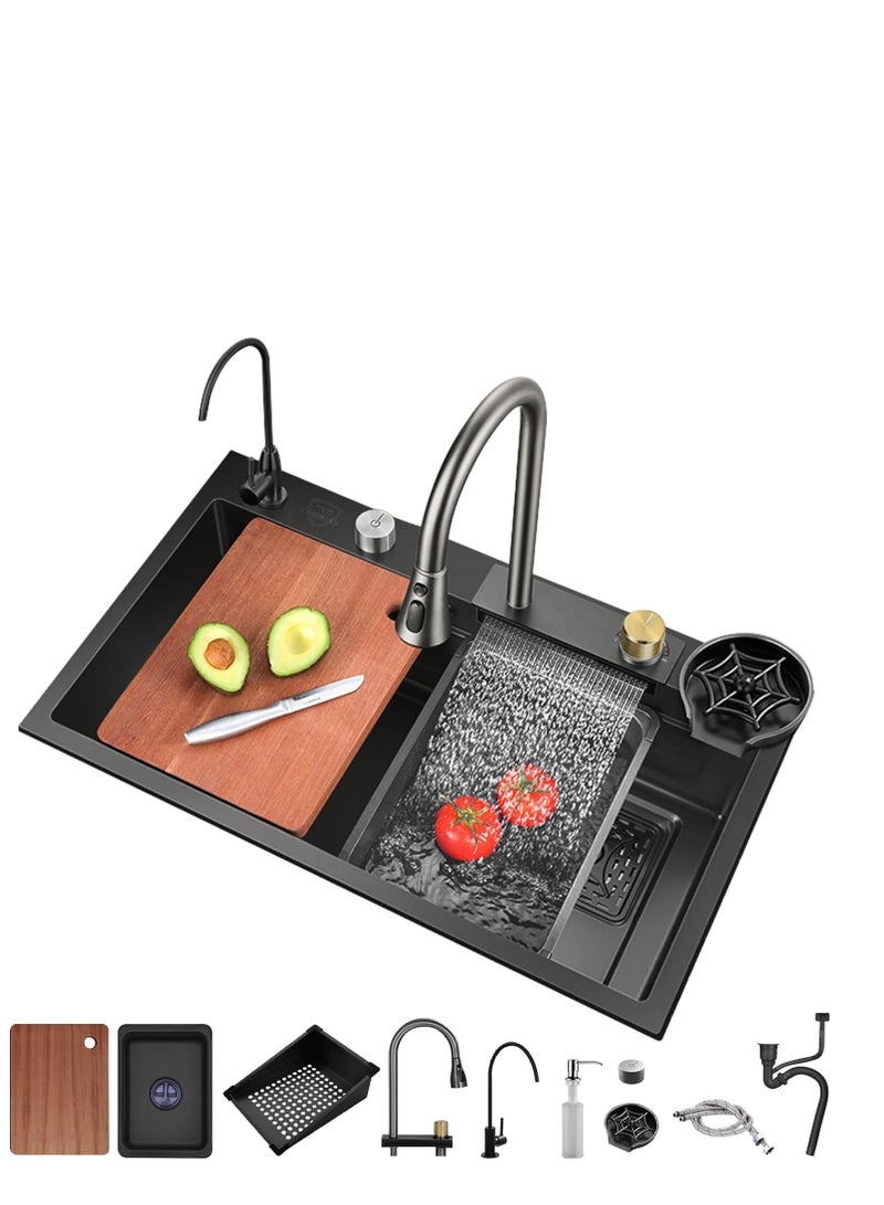 Multifunctional Stainless Steel Kitchen Sink With Faucet, Cutting Board, and Drain Accessories - Black - Image 1